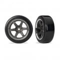 Pre-Glued 1.9inch 1-dot Hard Rough Surfaces Drift Front Tire 2 pcs w/ 6-Spoke Graphite Gray Chrome Rim