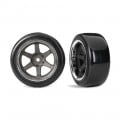 Pre-Glued 1.9inch 1-dot Hard Rough Surfaces Drift Wide Rear Tire 2 pcs w/ 6-Spoke Graphite Gray Chrome Rim